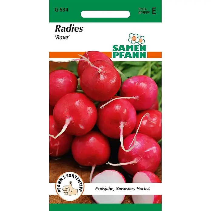Samen Pfann Saatgut Radies, Raxe - Raphanus sativus, 1,9 g - Samen Pfann 'Raxe' Radieschensamenpaket mit Abbildung roter Radieschen und Anbauhinweis Frühjahr, Sommer, Herbst.