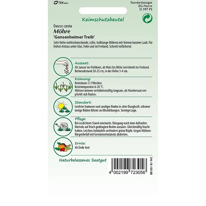 Samen Pfann Saatgut Möhre, Gonsheimer Treib - Daucus carota - Samenpackung für Möhren der Sorte 'Gonsenheimer Treib' mit detaillierten Anbauanweisungen und Illustrationen.
