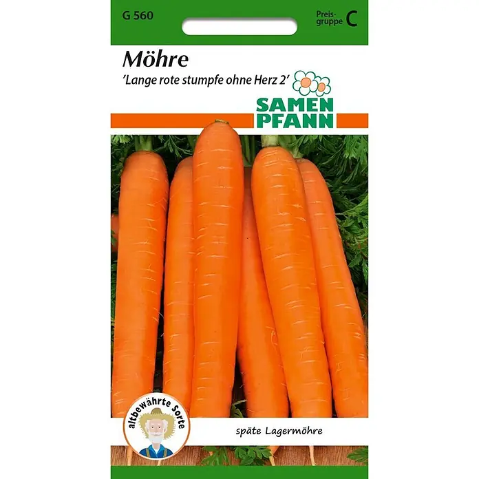 Samen Pfann Saatgut Möhre, Lange rote Stumpfe ohne Herz - Daucus carota - Samenpackung für Möhren der Sorte 'Lange rote stumpfe ohne Herz 2' mit Bild von orangefarbenen Karotten.