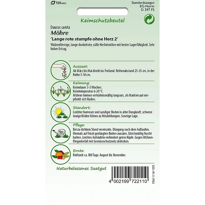Samen Pfann Saatgut Möhre, Lange rote Stumpfe ohne Herz - Daucus carota - Samenpackung für Möhren der Sorte 'Lange rote stumpfe ohne Herz 2', eine lange, dunkelrote, süße Herbstmöhre.