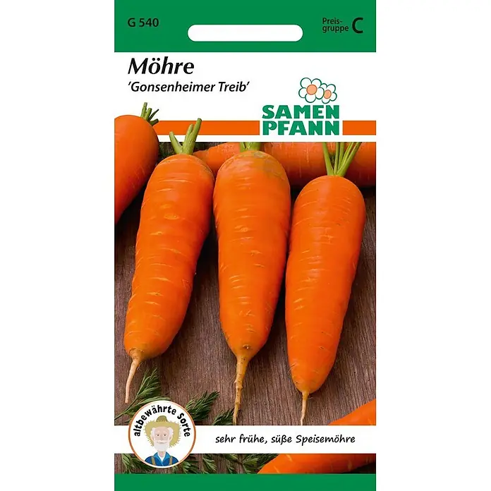 Samen Pfann Saatgut Möhre, Gonsheimer Treib - Daucus carota - Samen-Pfann Samentüte Möhre 'Gonsenheimer Treib' mit orangefarbenen Möhren und Text: "sehr frühe, süße Speisemöhre".