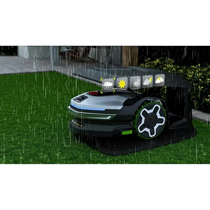 Greenworks Mähroboter AI Mowbot 10 GW KI RTK+VISION - 1.000 m², Schnittbreite: 20 cm, Satellitengestützte Navigation, RTK - Roboter Rasenmäher im Regen, mit angezeigten Wettersymbolen.
