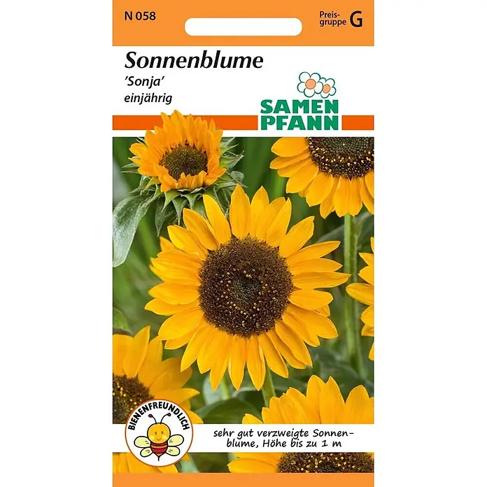 Samen Pfann Saatgut Sonnenblume, Sonja - Helianthus annuus, 1,6 g - Oranger und weißer Samenbeutel für 'Sonja' Sonnenblumen, mit leuchtend gelben Blüten und einem bienenfreundlichen Logo.