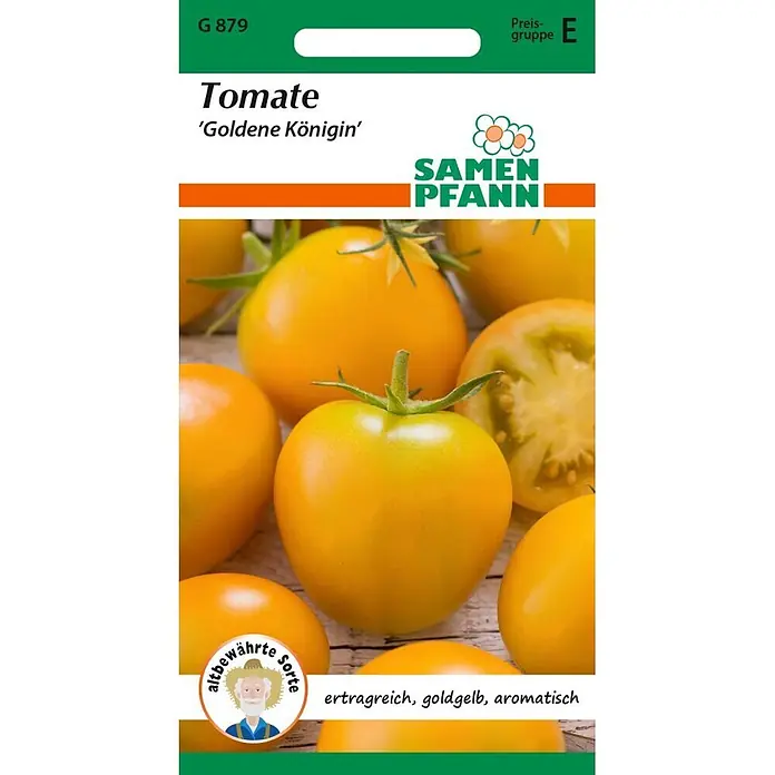 Samen Pfann Saatgut Tomate, Goldene Königin - Solanum lycopersicum, var. Goldene Königin, 1,6 g - Samenpäckchen für 'Goldene Königin' Tomaten, mit reifen goldgelben Tomaten.
