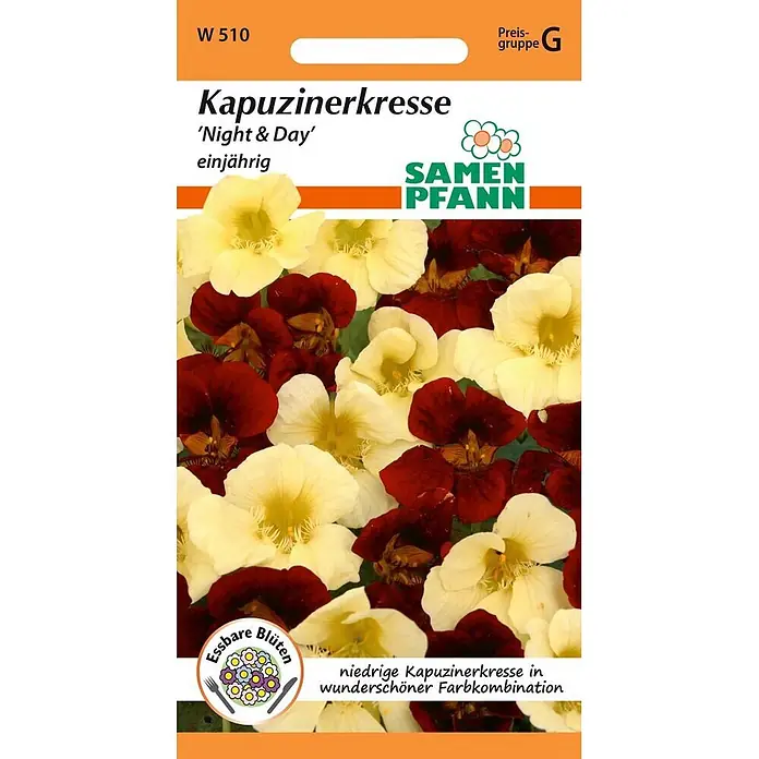 Samen Pfann Saatgut Kapuzinerkresse, Night & Day - Tropaeolum majus - Saatguttüte für Kapuzinerkresse 'Night & Day' mit leuchtend roten und cremefarbenen essbaren Blüten.