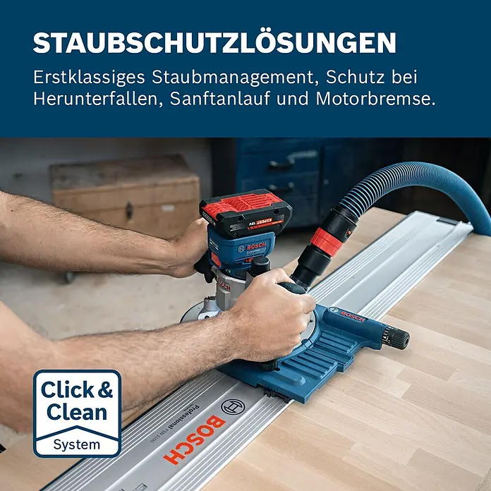 Bosch Professional AMPShare 18V Akku-Kantenfräser GKF 18V-8 - 18 V, Ohne Akku, 10.000 U/min - 30.000 U/min - Eine Person fräst Holz mit einem blauen Bosch Akku-Fräser, Staubabsaugung und FSN 1100 Führungsschiene. Mit Click & Clean System.