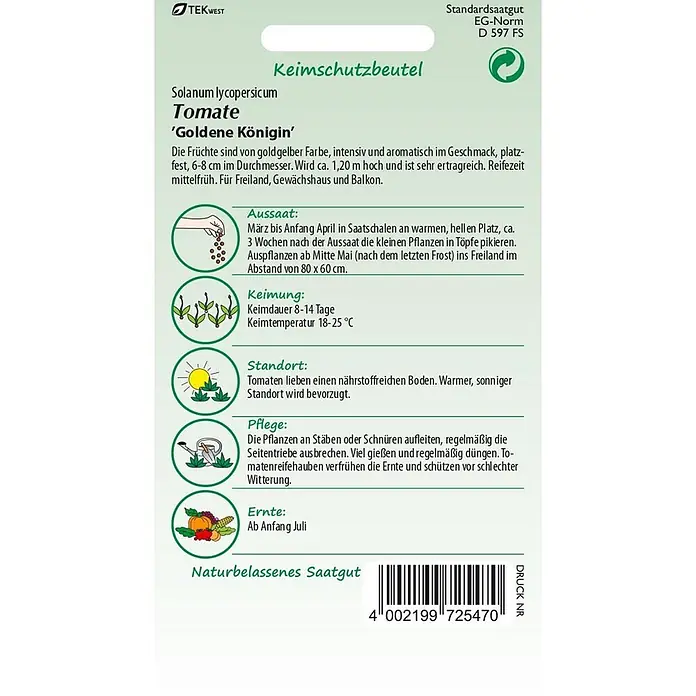 Samen Pfann Saatgut Tomate, Goldene Königin - Solanum lycopersicum, var. Goldene Königin, 1,6 g - Keimschutzbeutel für Tomatensaatgut 'Goldene Königin'. Enthält Informationen zu Anbau, Pflege und Ernte der gelben Tomaten.