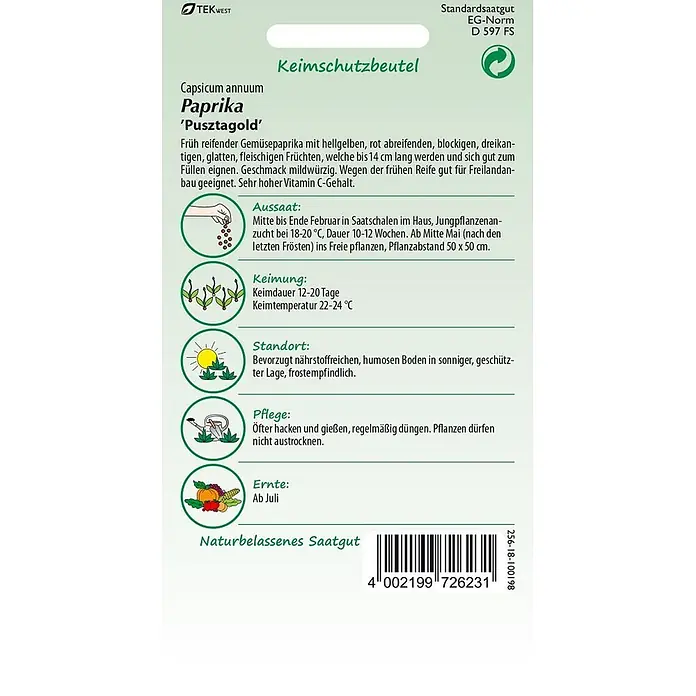 Samen Pfann Saatgut Paprika, Pusztagold - Capsicum annuum, 1,6 g - Saatguttüte für Paprika 'Pusztagold' mit Anbauanleitung und Barcode.