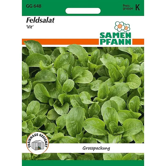 Samen Pfann Saatgut Feldsalat, Vit - Valerianella locusta - Grüne Samen-Packung von 'Samen Pfann' für Feldsalat 'Vit', zeigt grüne Blätter und ist als Großpackung treibhausgeeignet gekennzeichnet.