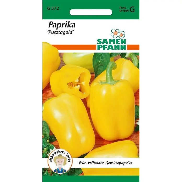 Samen Pfann Saatgut Paprika, Pusztagold - Capsicum annuum, 1,6 g - Samenpäckchen für frühreifende gelbe Gemüsepaprika der Sorte 'Pusztagold' von Samen Pfann.
