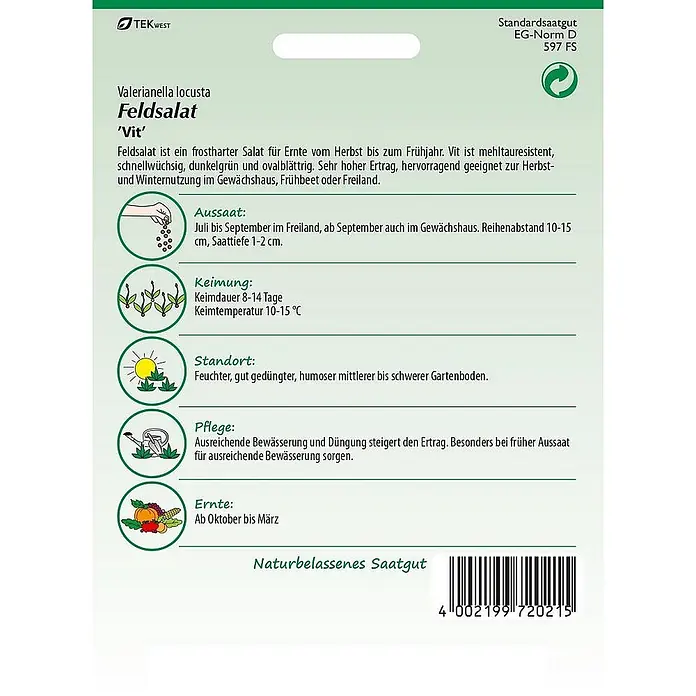 Samen Pfann Saatgut Feldsalat, Vit - Valerianella locusta - Grünes und weißes Saatgutpäckchen für Feldsalat 'Vit' mit Anbauanweisungen und Symbolen.