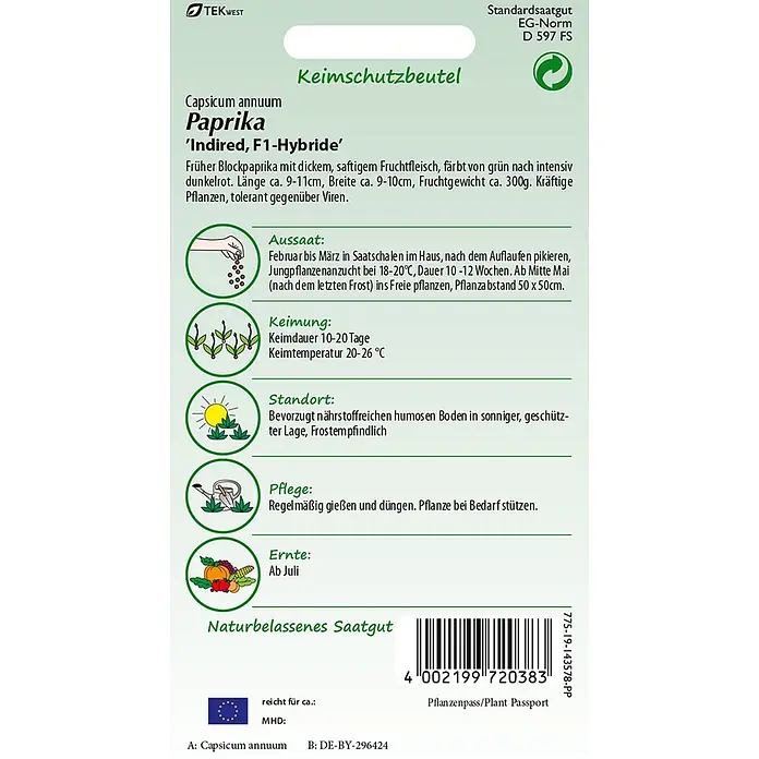 Samen Pfann Saatgut Paprika, Indired F1 - Capsicum annuum, 1,6 g - Grüne und weiße Samentüte für 'Paprika Indired, F1-Hybride' mit Anbauanleitung und Pflanzenillustrationen.