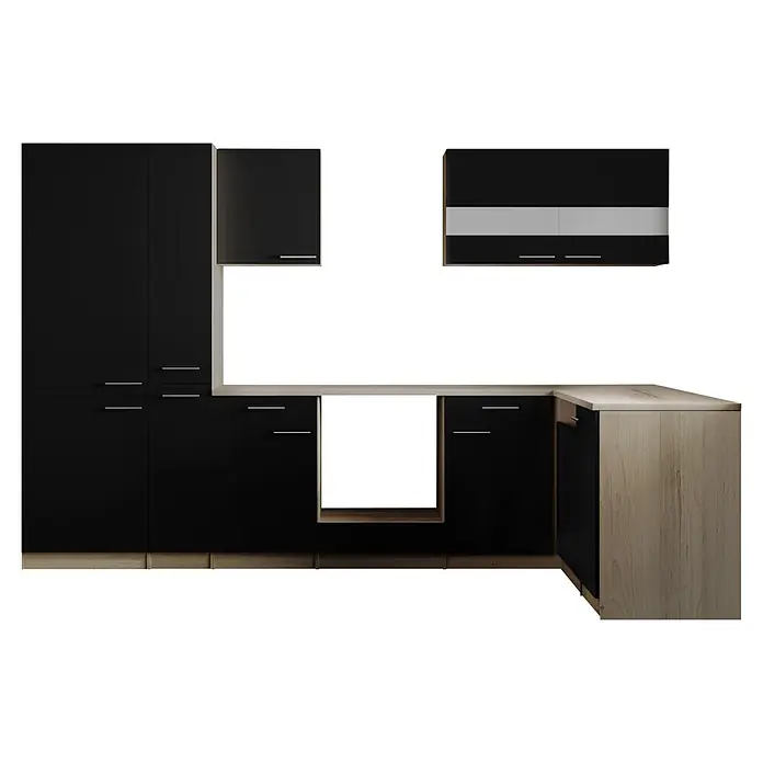 Respekta Merle Küchenleerblock - B x L: 310 x 172 cm, Schwarz, Ohne Elektrogeräte - L-förmige Küchenzeile mit schwarzen Türen und hellen Holzdetails/Arbeitsplatte.