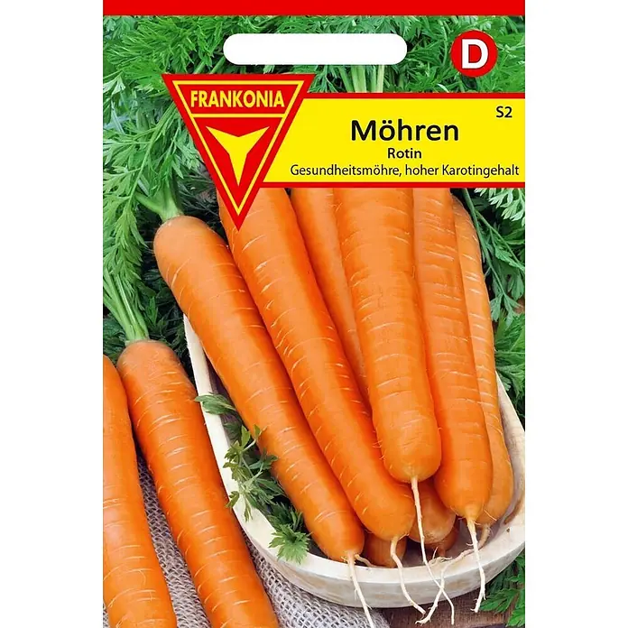Frankonia Samen Saatgut Möhre, Rotin - Daucus carota, 1,78 g - Frische orangefarbene Möhren mit Grünschnitt und eine FRANKONIA 'Rotin' Samentüte.