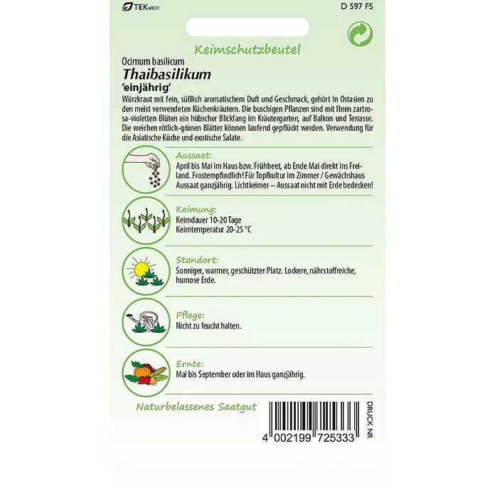 Samen Pfann Saatgut Thai Basilikum - Ocimum basilicum, 1,6 g - Samentüte für Thaibasilikum mit Pflanzanleitung und Barcode.
