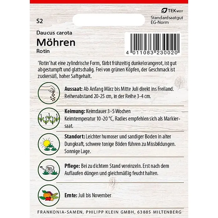 Frankonia Samen Saatgut Möhre, Rotin - Daucus carota, 1,78 g - Samentüte für Möhren der Sorte Rotin mit Pflanzanleitung und Barcode.