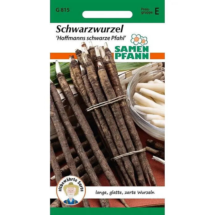 Samen Pfann Saatgut Schwarzwurzeln, Schwarze Pfahl - Scorzonera hispanica - Samenpäckchen für Schwarzwurzel 'Hoffmanns schwarze Pfahl' mit Abbildung von gebündelten dunkelbraunen Wurzeln und geschälten weißen Wurzeln in einer Schale.