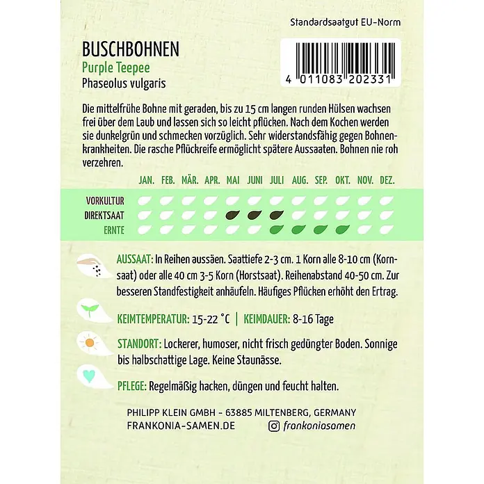 Frankonia Samen Saatgut Buschbohne, Purple Teepee - Phaseolus vulgaris, 5,67 g - Papier-Samenpackung für Purple Teepee Buschbohnen, mit Pflanzinformationen.