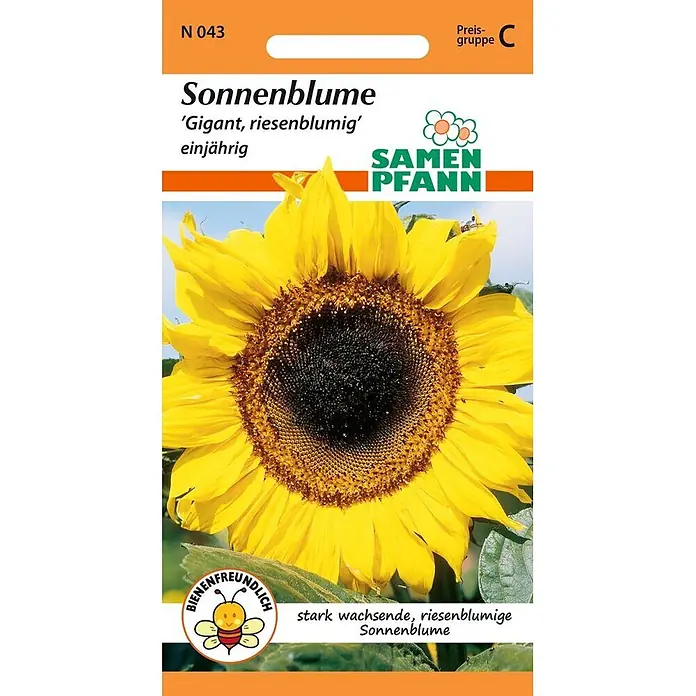 Samen Pfann Saatgut Sonnenblume, Gigant - Helianthus annuus - Sonnenblumen-Samenpackung 'Gigant, riesenblumig' mit großem Sonnenblumenbild und Bienenfreundlich-Logo.