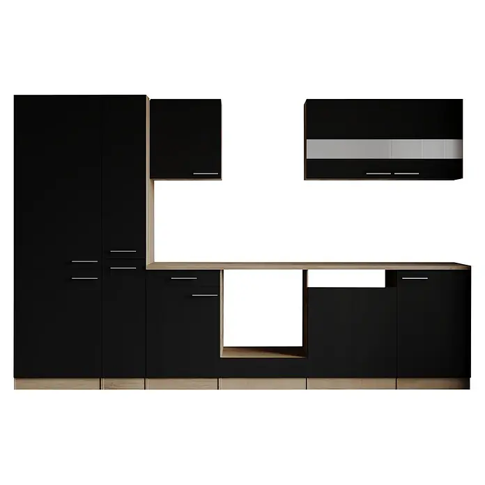 Respekta Merle Küchenleerblock - Breite: 310 cm, Schwarz, Ohne Elektrogeräte - Moderne schwarze Küchenschränke mit Holzakzenten und minimalistischen Griffen, einschließlich Hänge- und Unterschränken.