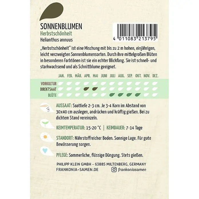 Frankonia Samen Saatgut Sonnenblume - Herbstschönheit - Helianthus annuus, 1,53 g - Samenpackung für Sonnenblumen 'Herbstschönheit' mit Pflanzanleitung und Barcode.