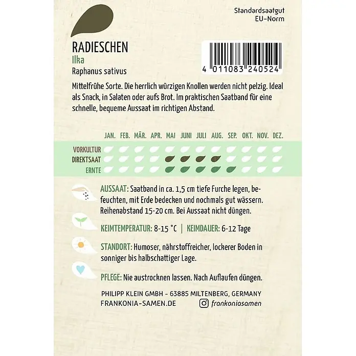 Frankonia Samen Saatgut Radies, Ilka Saatband - Raphanus sativus, 2,37 g - Radieschensamen-Päckchen der Sorte 'Ilka' mit Pflanzanleitung und Produktdetails.