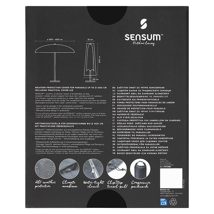 Sensum Schirm-Schutzhülle (Polyester, Passend für: Schirme bis Ø 400 cm)