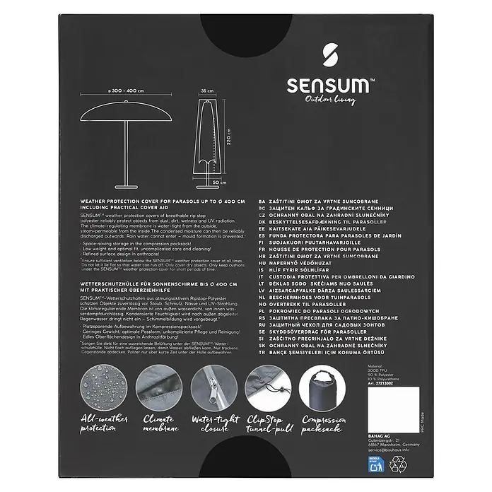 SENSUM Schirm-Schutzhülle - Kunststoff, Passend für: Schirme bis Ø 400 cm - Anthrazitfarbene Wetterschutzhülle für Sonnenschirme bis 400 cm Durchmesser, mit Wetterschutz und Kompressionspacksack.