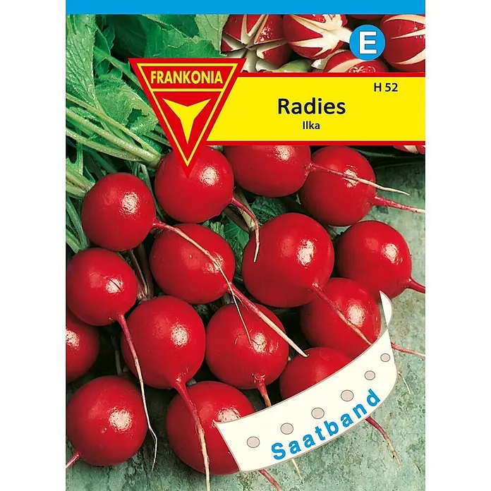 Frankonia Samen Saatgut Radies, Ilka Saatband - Raphanus sativus, 2,37 g - Rote Radieschen auf einer Samenpackung, beschriftet mit 'FRANKONIA Radies Ilka', mit 'Saatband'-Detail.