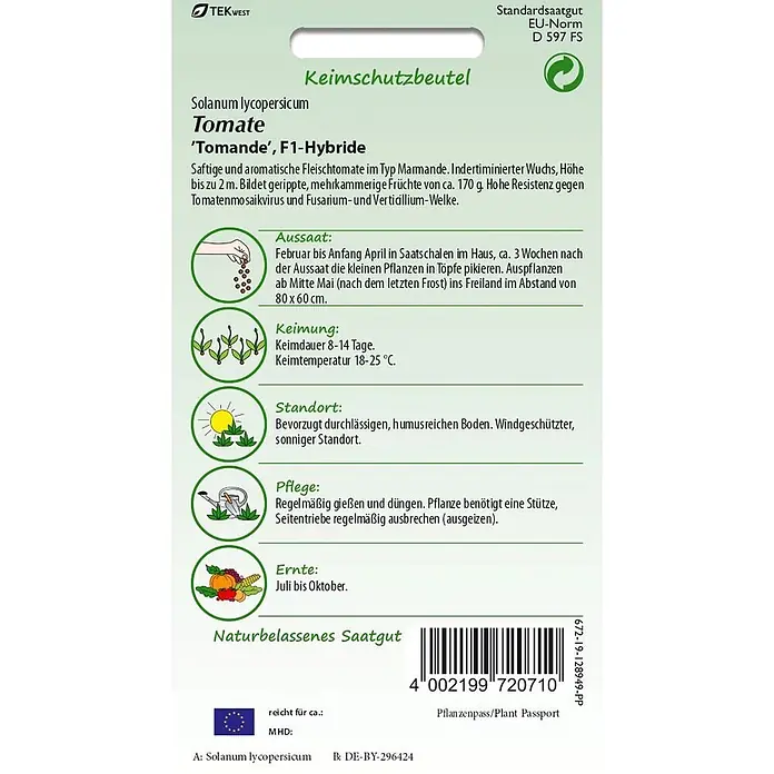 Samen Pfann Saatgut Tomate, Tomande F1 - Solanum lycopersicum, 1,6 g - Samentüte für 'Tomande' F1-Hybrid-Tomaten mit deutschem Text, Anweisungen und Barcode.