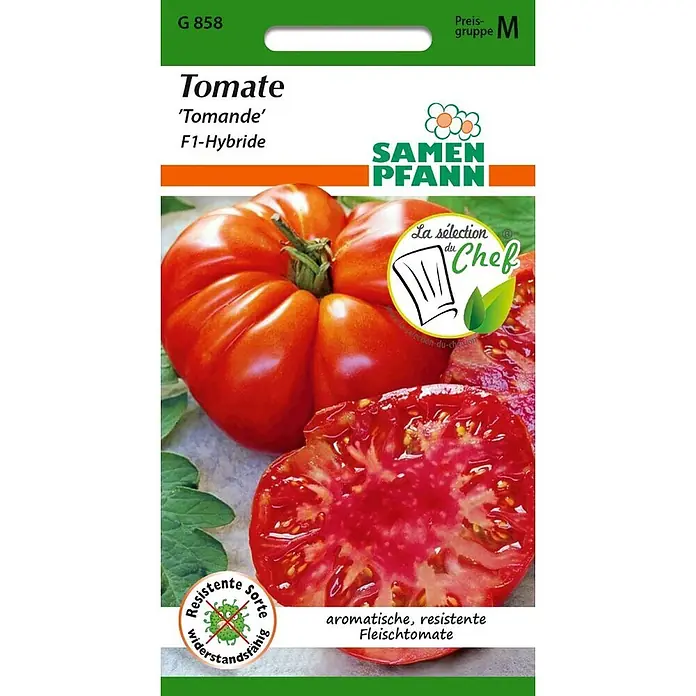 Samen Pfann Saatgut Tomate, Tomande F1 - Solanum lycopersicum, 1,6 g - Samenpackung für Tomaten der Sorte 'Tomande' F1-Hybride, mit Abbildung einer roten Fleischtomate und einer angeschnittenen.