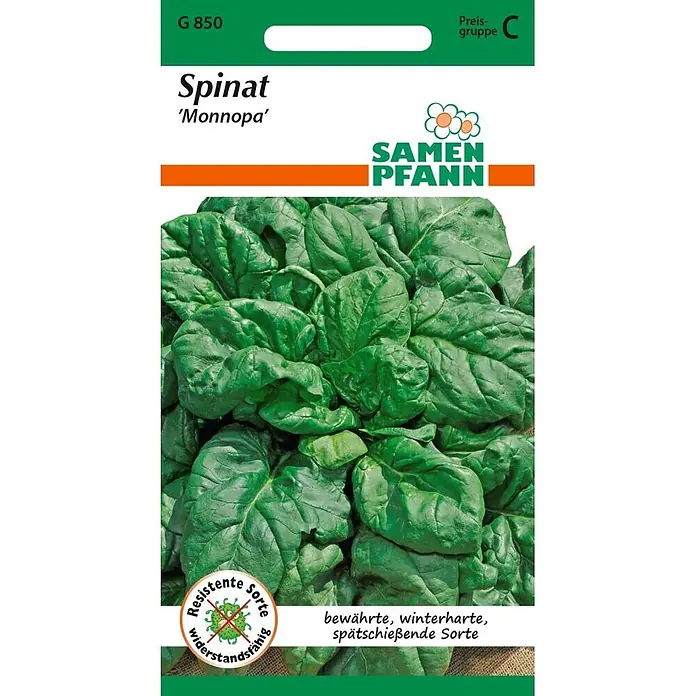 Samen Pfann Saatgut Spinat, Monnopa - Spinacia oleracea, 2,5 g - Samenpackung für Spinat 'Monnopa' von Samen Pfann mit grünen Spinatblättern und Angaben zur resistenten, winterharten Sorte.