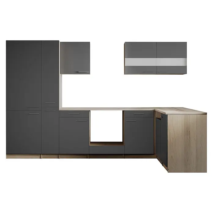 Respekta Merle Küchenleerblock - B x L: 310 x 172 cm, Grau, Ohne Elektrogeräte - Modernes L-förmiges Küchenschrank-Set mit dunkelgrauen Türen und hellen Holzakzenten.