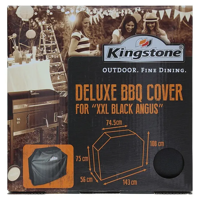 Kingstone Grill-Schutzhülle - Kunststoff, Kingstone Smoker Black Angus XXL - Schwarze Kingstone Deluxe BBQ-Abdeckung für XXL Black Angus Grill. Maße: 143x74.5x108 cm (LxBxH).