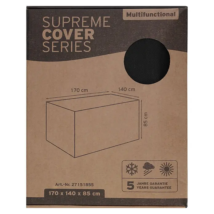 Sunfun Sitzgruppen-Schutzhülle S - L x B x H: 170 x 140 x 85 cm, Polyester, 160 g/m², Schwarz/Anthrazit - Braune Kartonverpackung für eine schwarze, multifunktionale Schutzhülle (170x140x85 cm) mit 5 Jahren Garantie und Wettersymbolen.