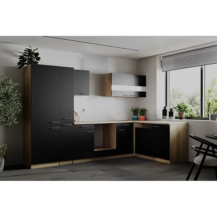Respekta Merle Küchenleerblock - B x L: 310 x 172 cm, Schwarz, Ohne Elektrogeräte - Moderne L-förmige Küche mit schwarzen Schränken, hellen Holzarbeitsplatten und Holzdetails.