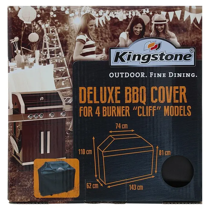 Kingstone Grill-Schutzhülle - Passend für: Kingstone Gasgrill Cliff 4500 / 4 Brenner Grills - Verpackung des Kingstone Deluxe BBQ Covers für 4-Brenner 'CLIFF' Modelle, mit schwarzer Abdeckung, Maßen und Branding.