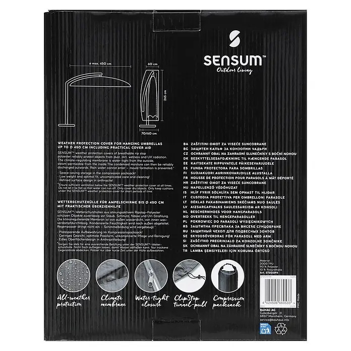 SENSUM Schirm-Schutzhülle - Kunststoff, Passend für: Ampelschirme bis Ø 450 cm - Anthrazitfarbene Wetterschutzhülle für Ampelschirme (max. Ø 450 cm) aus atmungsaktivem Ripstop-Polyester. Inkl. Überziehhilfe.