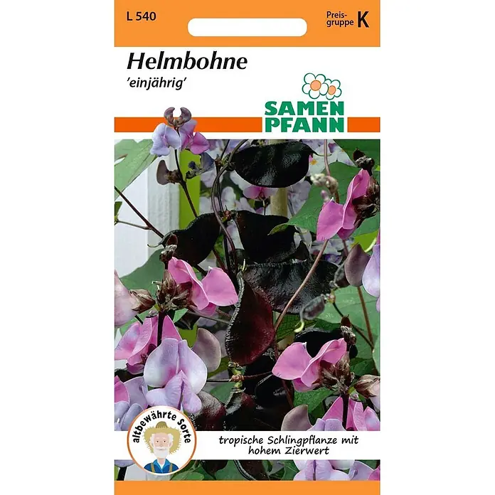 Samen Pfann Saatgut Helmbohne, Dolichos lablab - Dolichos Lablab, 2,5 g - Samenpäckchen für Helmbohne (Hyazinthbohne) mit rosa Blüten und dunkelvioletten Schoten, von Samen Pfann.