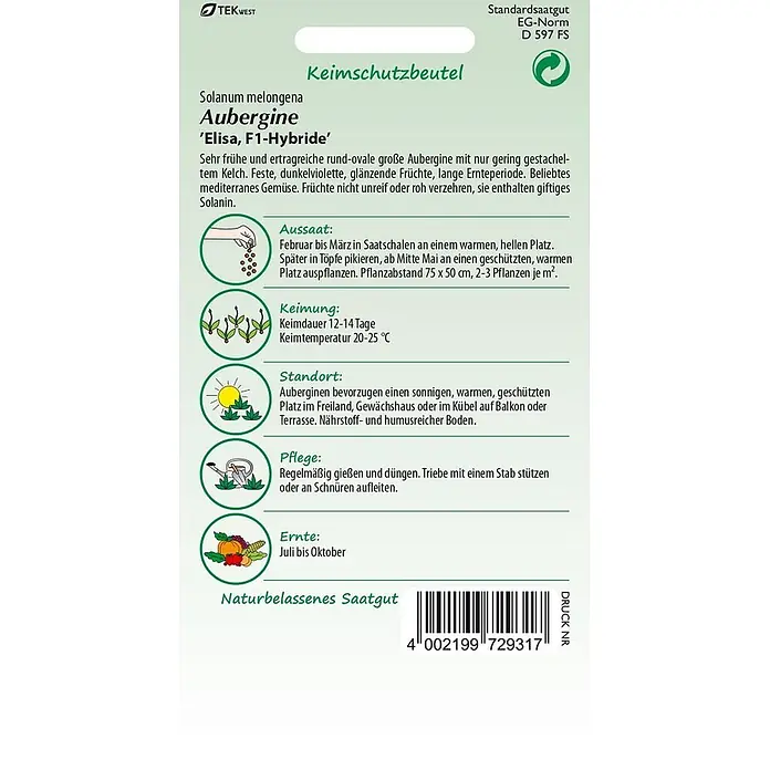 Samen Pfann Saatgut Aubergine, Elisa - Solanum melongena, 1,6 g - Saatguttüte für Aubergine 'Elisa, F1-Hybride' mit Anzuchtanleitung und Barcode.