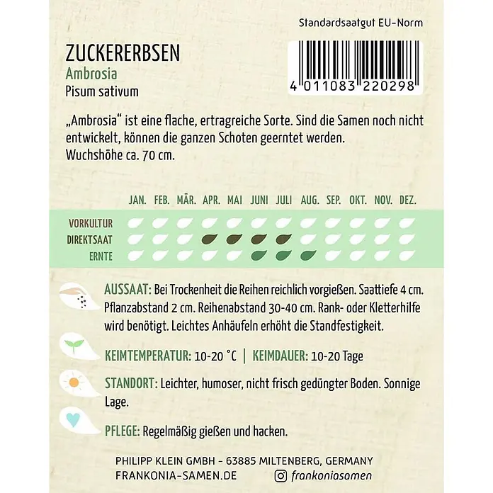 Frankonia Samen Saatgut Zuckererbse, Ambrosia - Pisum sativum, 5,67 g - Samenpäckchen für Zuckererbsen Ambrosia mit Pflanzanleitung, Aussaatkalender und Barcode.