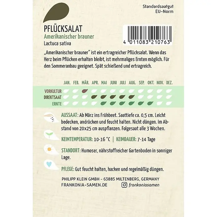 Frankonia Samen Saatgut Pflücksalat, Amerikanischer brauner - Lactuca sativa, 1,63 g - Samentüte für 'Amerikanischer brauner' Pflücksalat, mit Anbauanleitung und Barcode.