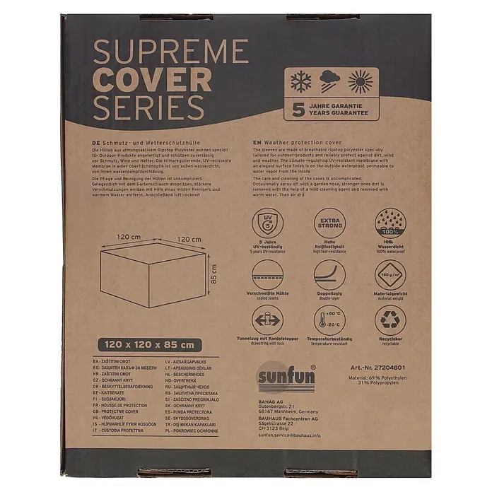 Sunfun Balkon-Set-Schutzhülle rund - Ø x H: 120 x 85 cm - Braune Verpackung für eine Supreme Cover Series Schutzhülle, Maße 120x120x85 cm und Materialzusammensetzung zeigend.