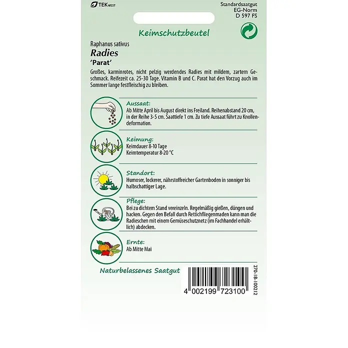Samen Pfann Saatgut Radies, Parat - Raphanus sativus, 1,9 g - Radieschensamen-Tüte mit Anbauanleitung und Barcode.