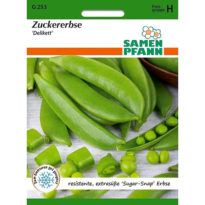 Samen Pfann Saatgut Zuckererbse, Delikett - Pisum sativum, 6,2 g - Samentüte für 'Delikett' Zuckererbsen, mit frischen grünen Schoten und Erbsen. Sie sind resistent, extrasüß und zum Einfrieren geeignet.