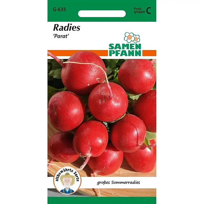 Samen Pfann Saatgut Radies, Parat - Raphanus sativus, 1,9 g - Radieschensamen-Päckchen 'Parat' von Samen Pfann, zeigt leuchtend rote Radieschen und Texte wie 'großes Sommerradies' und 'altbewährte Sorte'.
