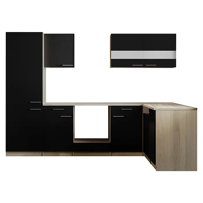Respekta Merle Küchenleerblock - B x L: 280 x 172 cm, Schwarz, Ohne Elektrogeräte - Moderne schwarze Küchenzeile mit hellen Holz-Arbeitsplatten und Akzenten.