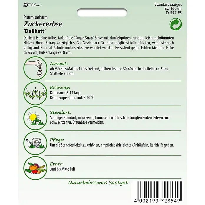 Samen Pfann Saatgut Zuckererbse, Delikett - Pisum sativum, 6,2 g - TEK WEST 'Delikett' Zuckererbse Saatgutpackung mit Pflanzanleitung und Illustrationen.