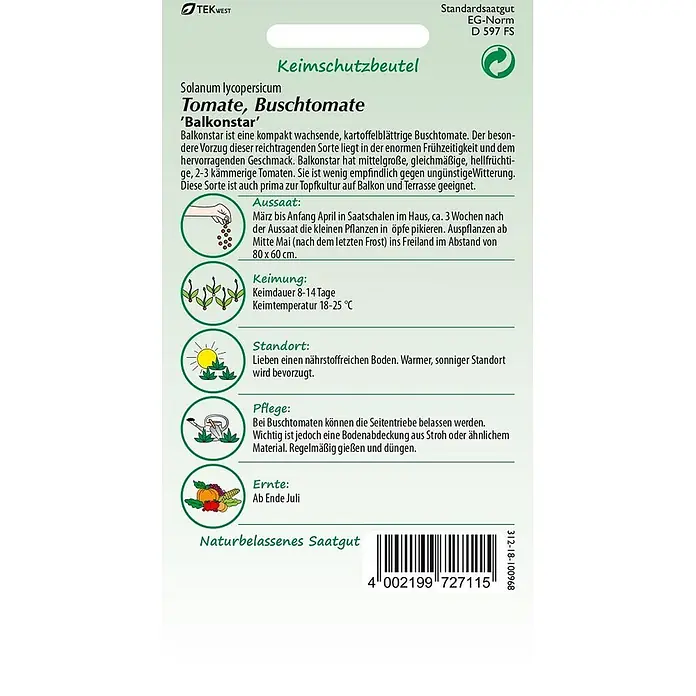 Samen Pfann Saatgut Tomate, Buschtomate, Balkonstar - Solanum lycopersicum, 1,6 g - Samenpackung für 'Balkonstar' Buschtomaten mit Anzuchtanleitung, Barcode und grün-weißem Design.