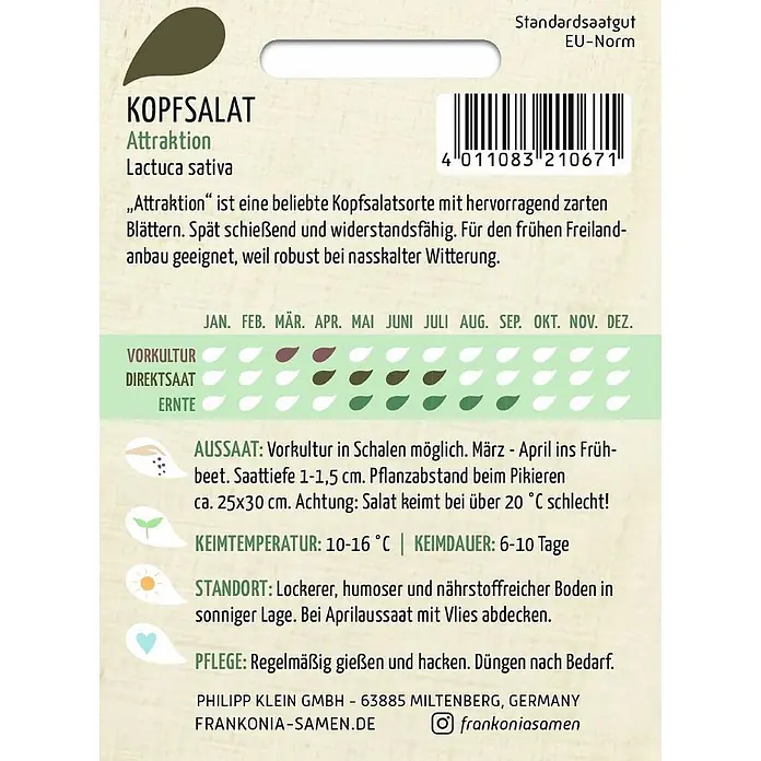 Frankonia Samen Saatgut Kopfsalat, Attraktion - Lactuca sativa, 1,48 g - Eine Samenpackung für Kopfsalat 'Attraktion' mit Pflanzanleitung und Barcode.